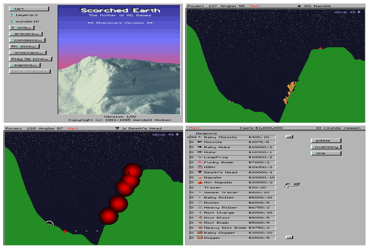 Screenshot of Scorched Earth from 1991 showing UI and terrain