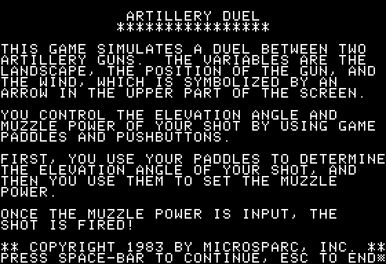 Screenshot of Artillery Duel from 1983