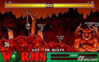 Screenshot from Worms (1995) showing the game's cartoonish style
