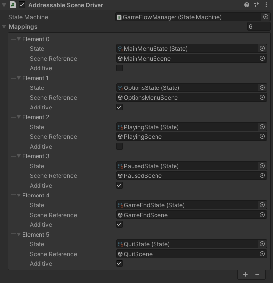 Addressable Scene Driver Editor showing state to scene mappings