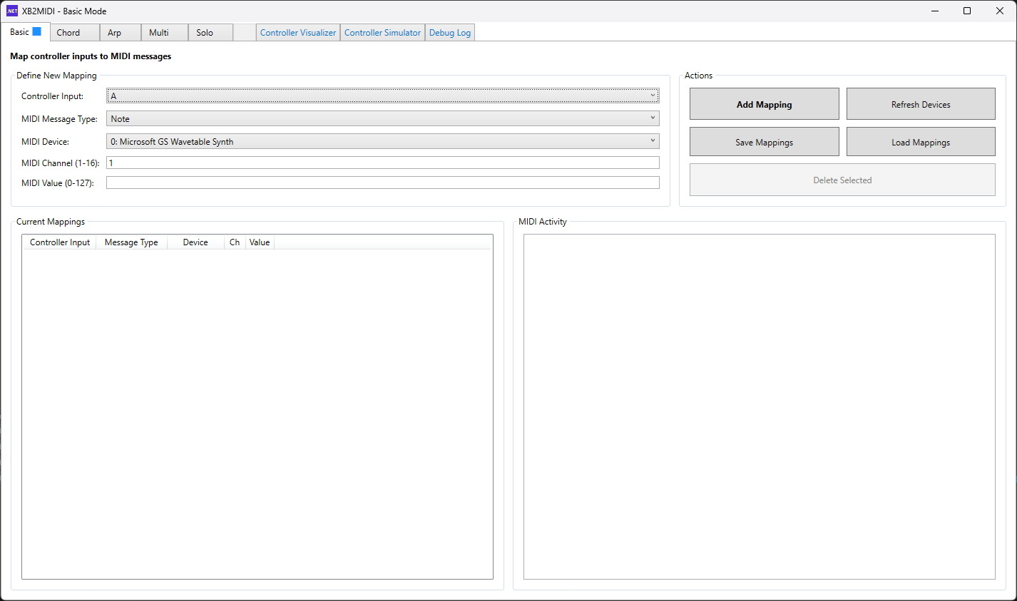 XB2MIDI Basic Mode Interface
